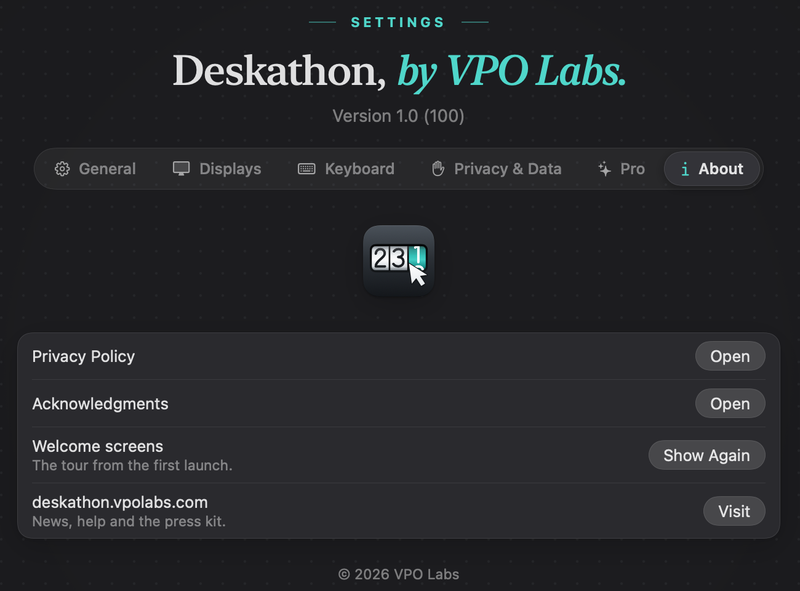 Settings, About: Deskathon, by VPO Labs, Version 1.0 (100), the app icon, rows for Privacy Policy, Acknowledgments, Welcome screens (Show Again) and deskathon.vpolabs.com (Visit), and the 2026 VPO Labs copyright.