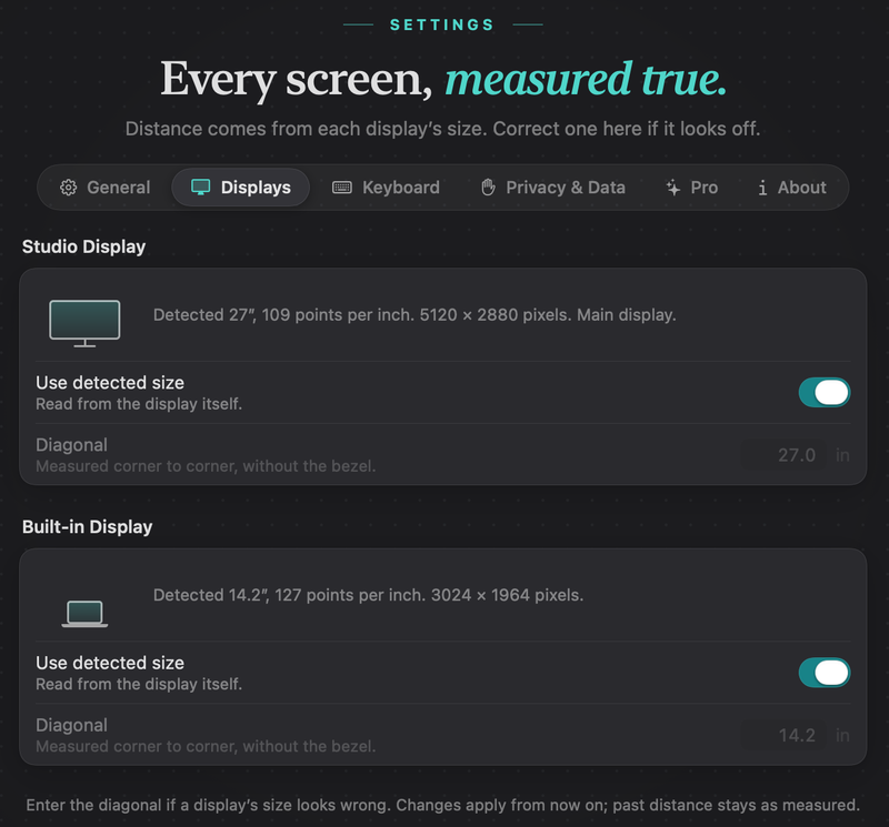 Settings, Displays: Studio Display, detected 27 inches, 109 points per inch, 5120 x 2880 pixels, main display; Built-in Display, detected 14.2 inches, 127 points per inch, 3024 x 1964 pixels; each with Use detected size switched on and its Diagonal field dimmed.