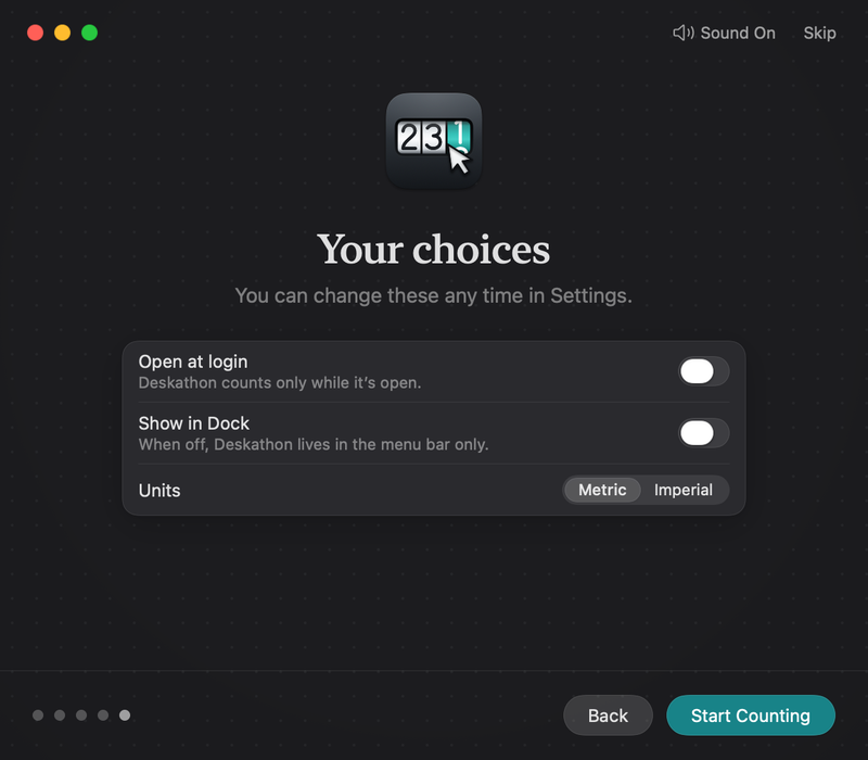 The Your choices welcome page: switches for Open at login and Show in Dock, both off, Units set to Metric, and Back and Start Counting buttons.
